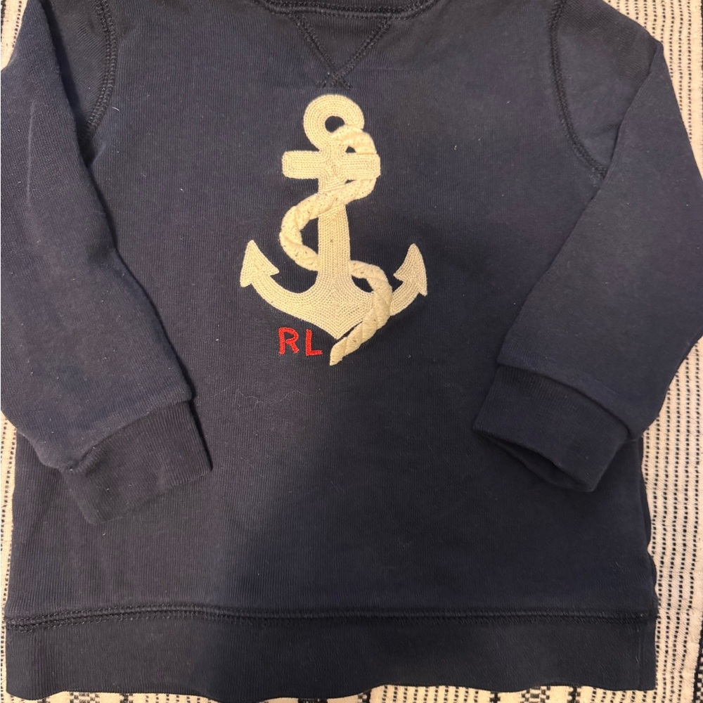 Ralph Lauren Navy Sweatshirt with Cream Anchor and Red RL Stitching
